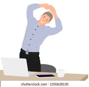 Cartoon people character design businessman exercising during break by the working desk in the office. Ideal for both print and web design.