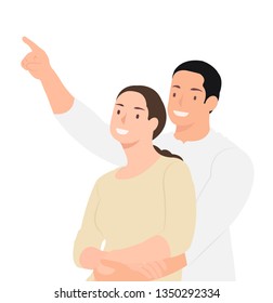 Cartoon people character design cheerful husband embracing his wife and pointing at something. Ideal for both print and web design.