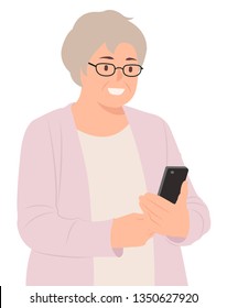 Cartoon people character design elderly senior woman looking at cell phone happily. Ideal for both print and web design.