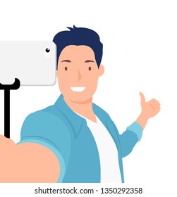 Cartoon people character design handsome young man taking selfie photos with thumb up. Ideal for both print and web design.