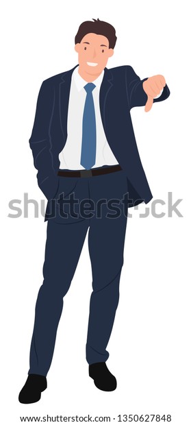 Cartoon people character design handsome young\
businessman showing thumb down sign with smiling face. Ideal for\
both print and web\
design.