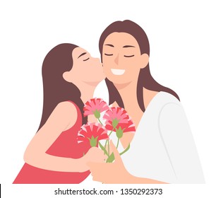 Cartoon people character design happy mothers day child daughter kissing mom and giving her carnation flower as a present. Ideal for both print and web design.