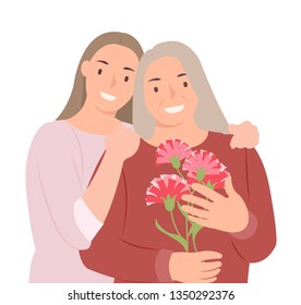 Cartoon people character design happy mothers day young daughter and mother with carnation flowers in hand. Ideal for both print and web design.