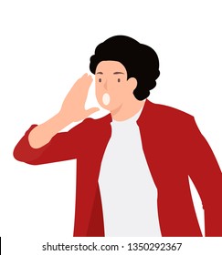 Cartoon people character design man shouting loud to side with hand on mouth. Ideal for both print and web design.