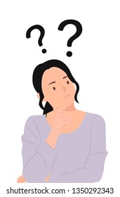 Cartoon people character design question marks with young Asian woman in a thoughtful pose. Ideal for both print and web design.