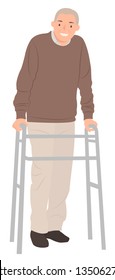 Cartoon people character design senior man standing with a walking frame. Ideal for both print and web design.