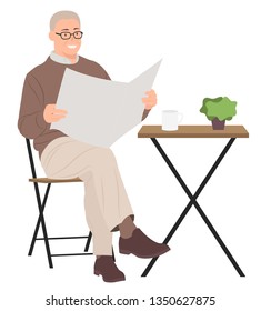 Cartoon people character design senior man reading newspaper sitting by a coffee table. Ideal for both print and web design.