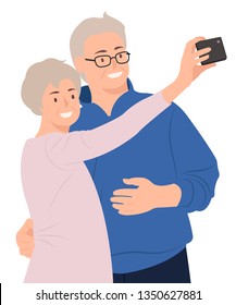 Cartoon people character design senior couple taking selfie by mobile phone happily. Ideal for both print and web design.