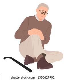 Cartoon people character design senior old man sitting on the floor and holding his painful knee. Ideal for both print and web design.