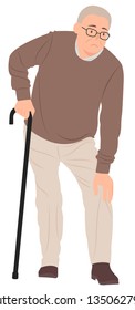 Cartoon people character design senior man having a knee pain and standing with a walking cane. Ideal for both print and web design.