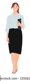 Cartoon people character design smart elegant businesswoman walking while holding laptop. Ideal for both print and web design.