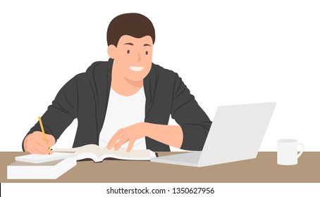 Cartoon people character design student preparing exam and watching laptop searching for information. Ideal for both print and web design.