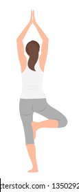 Cartoon people character design woman practicing yoga standing in single leg. Ideal for both print and web design.