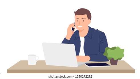 Cartoon people character design young man working on laptop and talking on the mobile phone while sitting by the desk in the office. Ideal for both print and web design.
