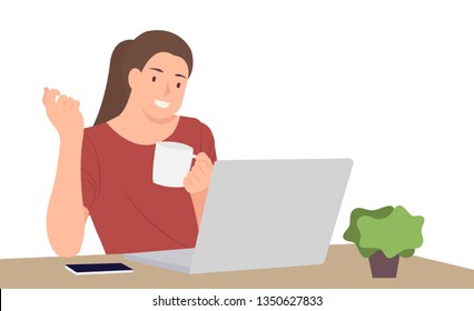 Cartoon people character design young woman holding coffee cup sitting in front of desk using laptop. Ideal for both print and web design.