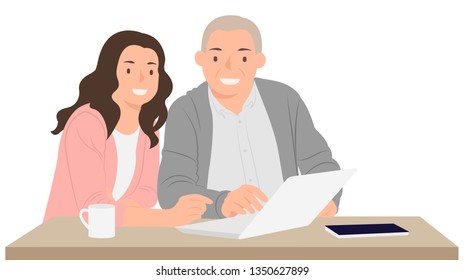 Cartoon people character design young daughter teaching father how to use laptop. Ideal for both print and web design.