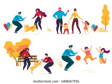 Cartoon People Character in Park Vector Illustration. Man Woman Play with Dog. Family Walk Mother Daughter Son Father. Children Jump Game with Ball. Autumn Season Outdoors. Activity Nature Leisure