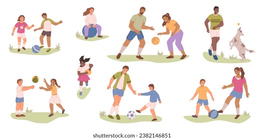 Cartoon people character in park vector illustration. Man and woman play with dog, nature leisure activity. Boy and girl playing with ball on grass, summer outdoors, family and children