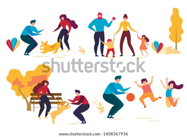 Cartoon People Character in Park Vector Illustration. Man Woman Play