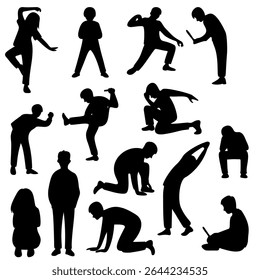 Cartoon people Character Silhouettes .Diverse Poses for Animation and Design.Black shadow human activity sports sign