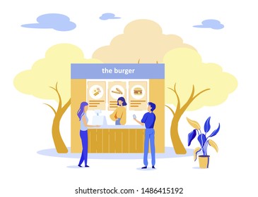 Cartoon People Characters Buying Burgers at Street Fast Food Cafe. Couple in Love Visiting Ready Takeaway Meal Shop Market in Park. Friendly Saleswoman Serving Customers. Vector Flat Illustration