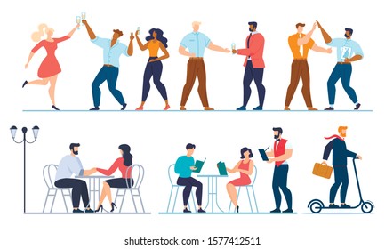 Cartoon People Characters Celebrating Business Success or Party Event, Communicating on Romantic Dating or Formal Meeting, Going on Work by Eco Friendly Transport Flat Set. Vector Illustration