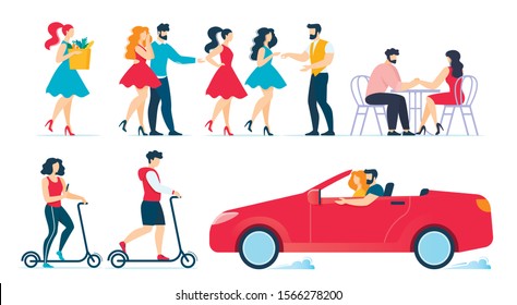 Cartoon People Characters Daily Routine Set. Couple in Love, Female Friends, Woman Along. Meeting, Shopping, Resting and Dating in Cafe, Riding Eco-Friendly Transport, Driving Car. Vector Illustration