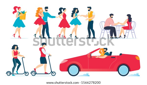 Cartoon People Characters Daily Routine Set.\
Couple in Love, Female Friends, Woman Along. Meeting, Shopping,\
Resting and Dating in Cafe, Riding Eco-Friendly Transport, Driving\
Car. Vector\
Illustration
