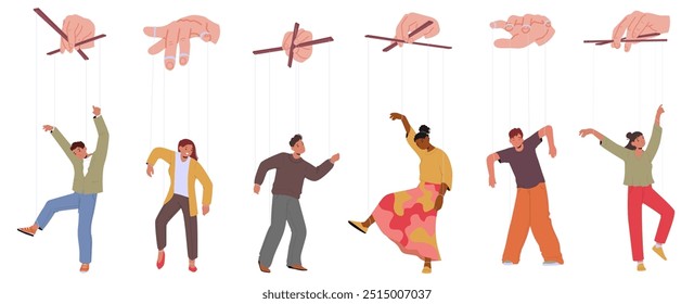 Cartoon People Characters Depicted As Puppets Breaking Free From Strings Held By Large Hands Symbolizing Concept of Manipulation Control And Freedom Isolated On White Background. Vector Illustration