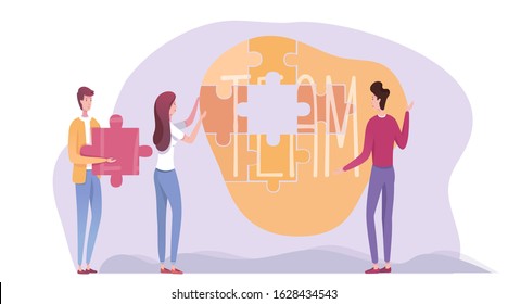 Cartoon people characters engaged in teamwork and teambuilding process. Men and woman collecting puzzle with lettering team. Partnership and collaboration. Vector flat metaphor illustration