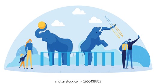 Cartoon People Characters Enjoy View of Elephant Showing Tricks with Balls and Hula Hoop at Zoo. Mother with Son and Happy Couple in Love Visiting National Animal Park. Vector Flat Illustration