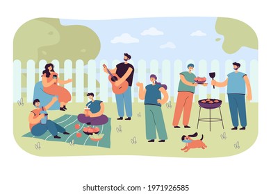 Cartoon people characters enjoying bbq party. Flat vector illustration. Family and friends having dinner in summer backyard, playing music, drinking cocktails. Grilling, nature, food, family concept