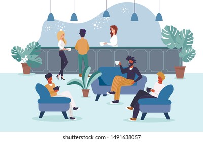 Cartoon People Characters Have Coffee Break. Men Women Visit Coffee-Shop for Rest, Refresh and Lunch. Restaurant or Cafe Flat Interior. Barista Serve Visitors. Male Friends Talk. Vector Illustration