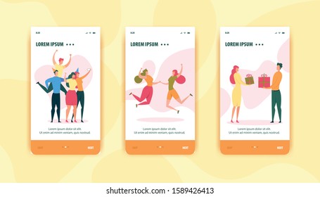 Cartoon People Characters Have Fun Mobile Page Set. Happy Friends Taking Selfie, Cheerful Girlfriends Dancing, Loving Man and Woman Giving Gift Boxes. Friendship. Recreation. Vector Flat Illustration