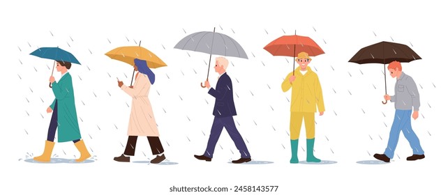 Cartoon people characters holding umbrella walking during autumn rainy day isolated set on white