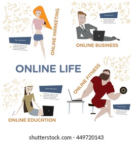 Cartoon people characters with laptops vector set. Online life community concept image. Can be use for infographics design.