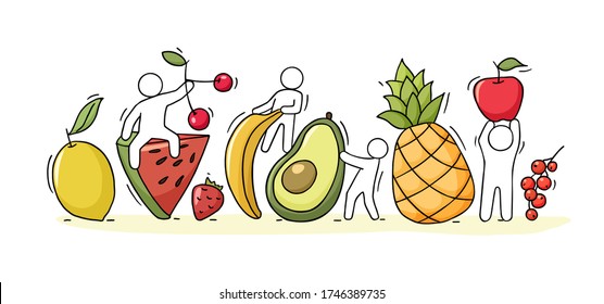 Cartoon people characters with many fruits. Cute vegetarian banner about food and healthy eating. Hand drawn vector illustration isolated on white background.