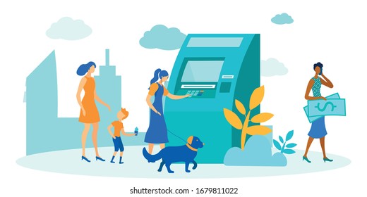 Cartoon People Characters Queue at Flat ATM. Women with Children and Pet Coming for Providing Money Transaction. Afro-American Lady Going Away with Withdrawn Cash. Vector Cityscape Illustration