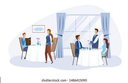 Cartoon People Characters Sitting at Table and Making Food and Drinks Order. Restaurant Staff Serving Clients. Men and Women Spending Time in Futuristic Catering. Vector Flat Illustration