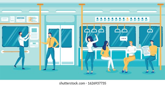 Cartoon People Characters in Subway. City Dwellers Talking, Reading Newspaper in Metro. Men and Women in Public Transport. Rapid Transit and Transportation Underground. Vector Flat Illustration