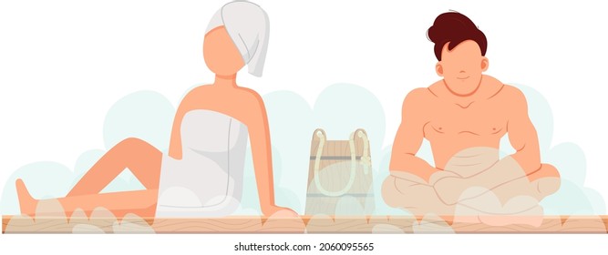 Cartoon people characters taking steam bath together. Flat vector illustration. Woman and man enjoying baths and steam, hammam with sauna whisk. Relax, health, bathhouse concept, wellness procedure