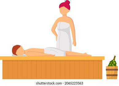 Cartoon people characters taking steam bath together. Flat vector illustration. Woman and man enjoying baths and steam, hammam with sauna whisk. Relax, health, bathhouse concept, wellness procedure