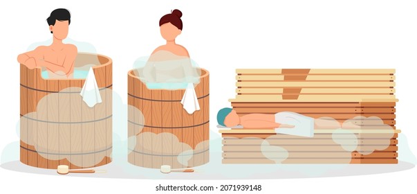 Cartoon people characters taking steam bath together. Flat vector illustration. Woman and man enjoying baths and steam, hammam with sauna whisk. Relax, health, bathhouse concept, wellness procedure