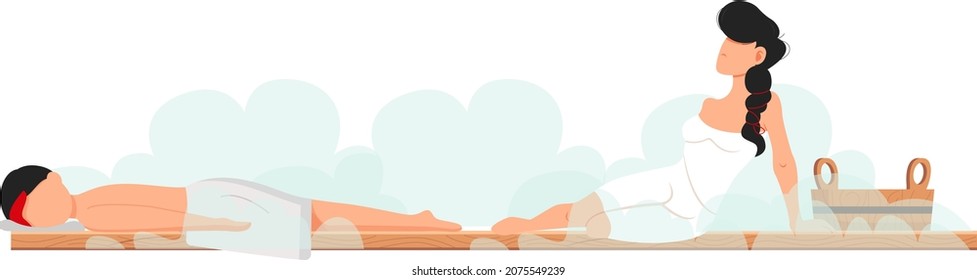 Cartoon people characters taking steam bath together. Flat vector illustration. Woman and man enjoying baths and steam, hammam with sauna whisk. Relax, health, bathhouse concept, wellness procedure