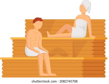 Cartoon people characters taking steam bath together. Flat vector illustration. Woman and man enjoying baths and steam, hammam with sauna whisk. Relax, health, bathhouse concept, wellness procedure