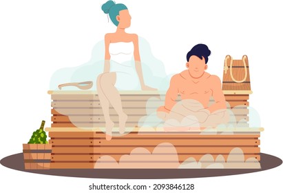 Cartoon people characters taking steam bath together. Flat vector illustration. Woman and man enjoying baths and steam, hammam with sauna whisk. Relax, health, bathhouse concept, wellness procedure