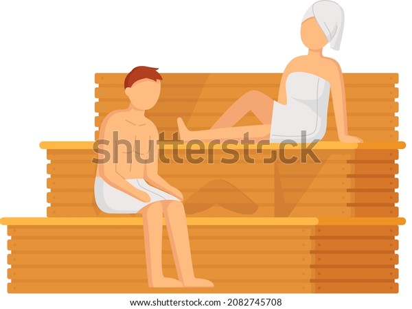 Cartoon people characters taking steam bath\
together. Flat vector illustration. Woman and man enjoying baths\
and steam, hammam with sauna whisk. Relax, health, bathhouse\
concept, wellness\
procedure