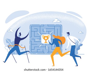 Cartoon People Characters Team Running Race and Crossing Finish Line. Difficult and Hard Way to Success. Business Competition and Win. Maze with Gold Shiny Trophy Cup. Vector Flat Illustration