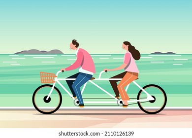 Cartoon people characters valentine concept. Two happy families riding on bicycles on the beach in happy season time. Flat vector illustration design