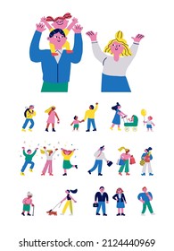 Cartoon People characters vector set.  Young people, elderly people, couples, parents with kids. Vector characters isolated on white background. 